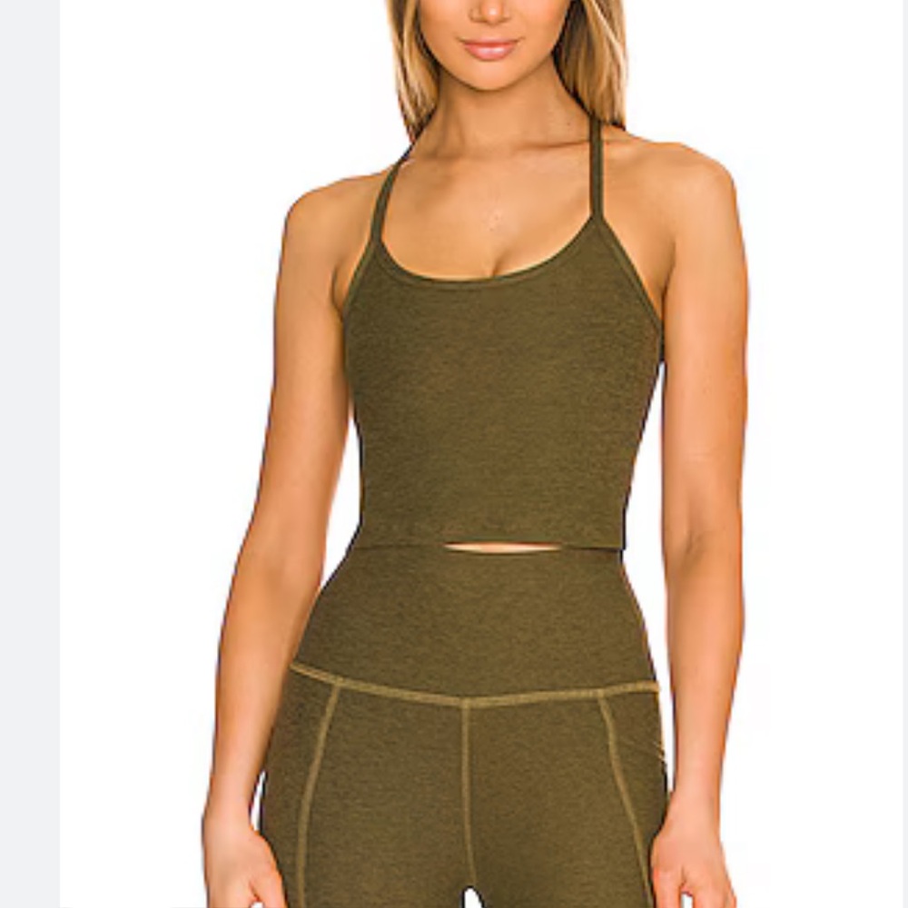Beyond Yoga Spacedye Slim Racerback Crop in Deep Olive Green Heather
